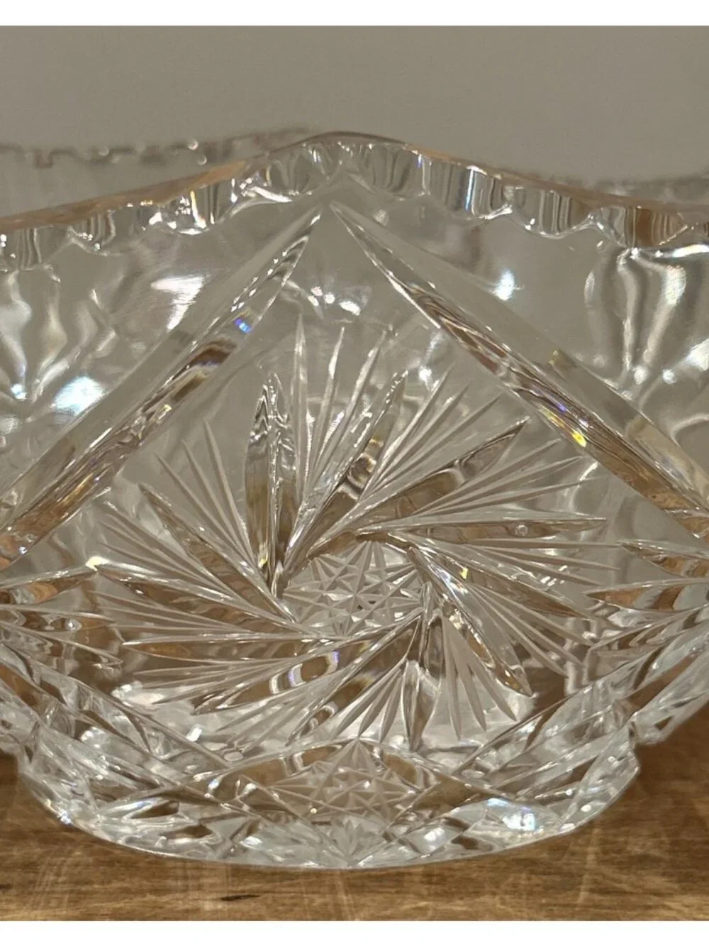 Vintage 1960s Czech? Basket Bowl Clear Cut Glass Lead Crystal Star Pattern